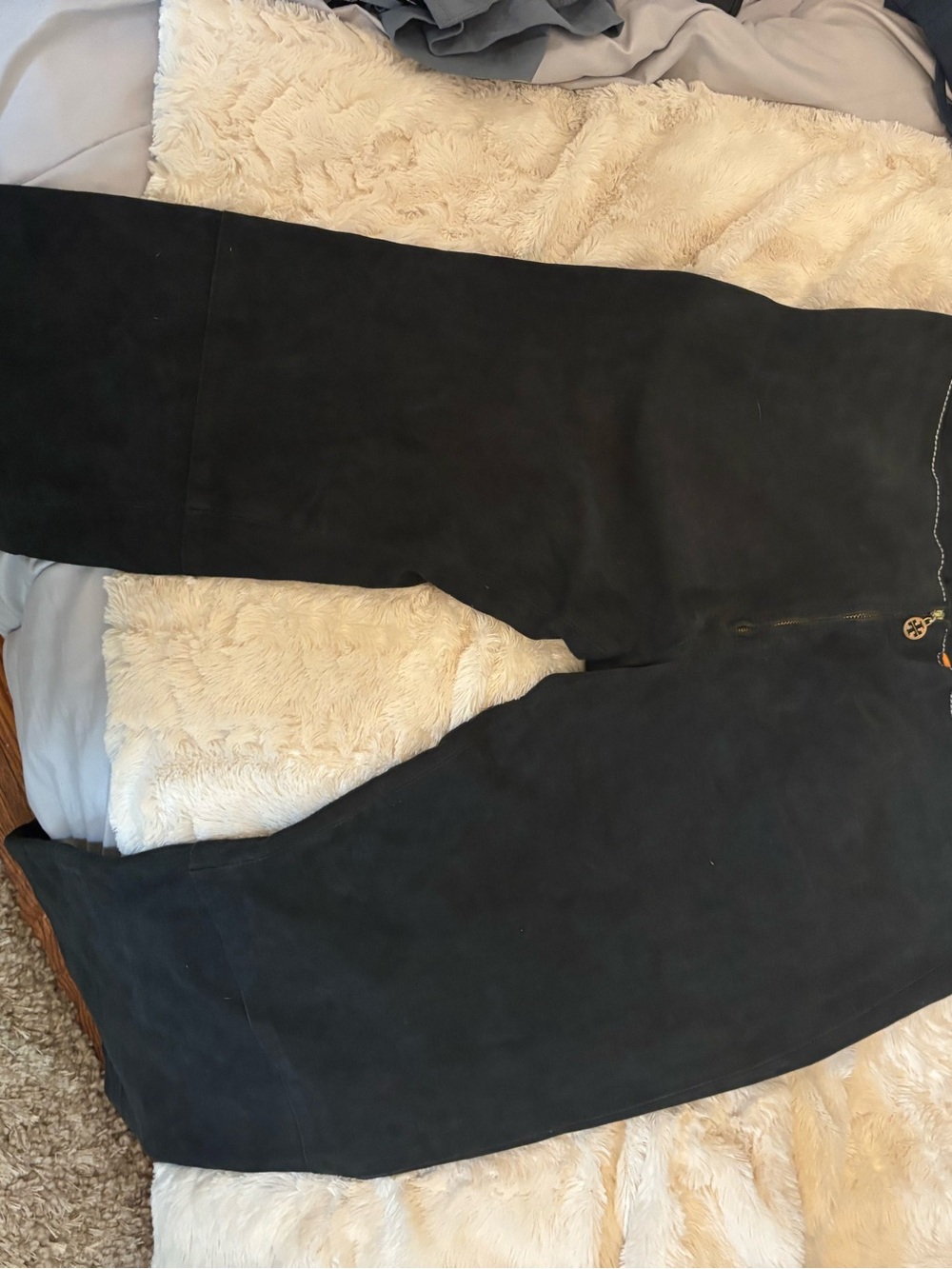 Tory Burch navy  Suede Wide-Leg Trousers with Gold Logo Zip